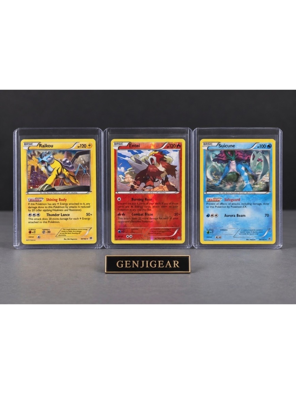 Set of 3 Pokémon Trading Cards in Protective Sleeves - Raikou, Entei, Suicune